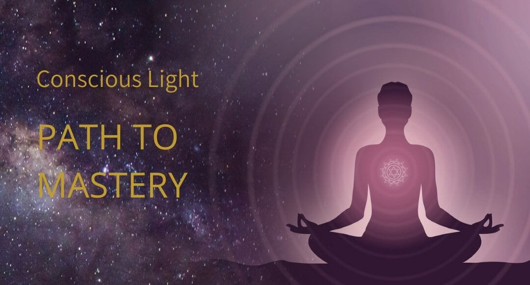 Conscious Light PATH TO MASTERY text linked to course. Icon of woman meditating with heart rays outward from her heart. Milky Way background
