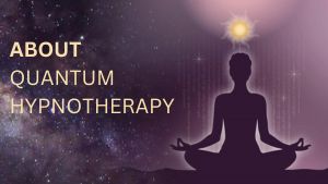 Icon of meditating woman with a ball of light above her head. Text ABOUT QUANTUM HYPNOTHERAPY linking to more info. Milky Way in the background.
