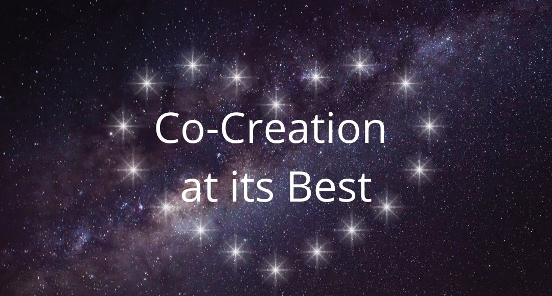 Cosmic universe background with heart-shaped stars around the title “Co-Creation at its Best,” representing soul-guided support for emotional healing and relationship harmony.