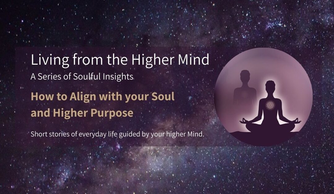 A cosmic universe background with a circular graphic of a meditating woman, her heart radiating light and a shadow behind her symbolizing the presence of her soul.