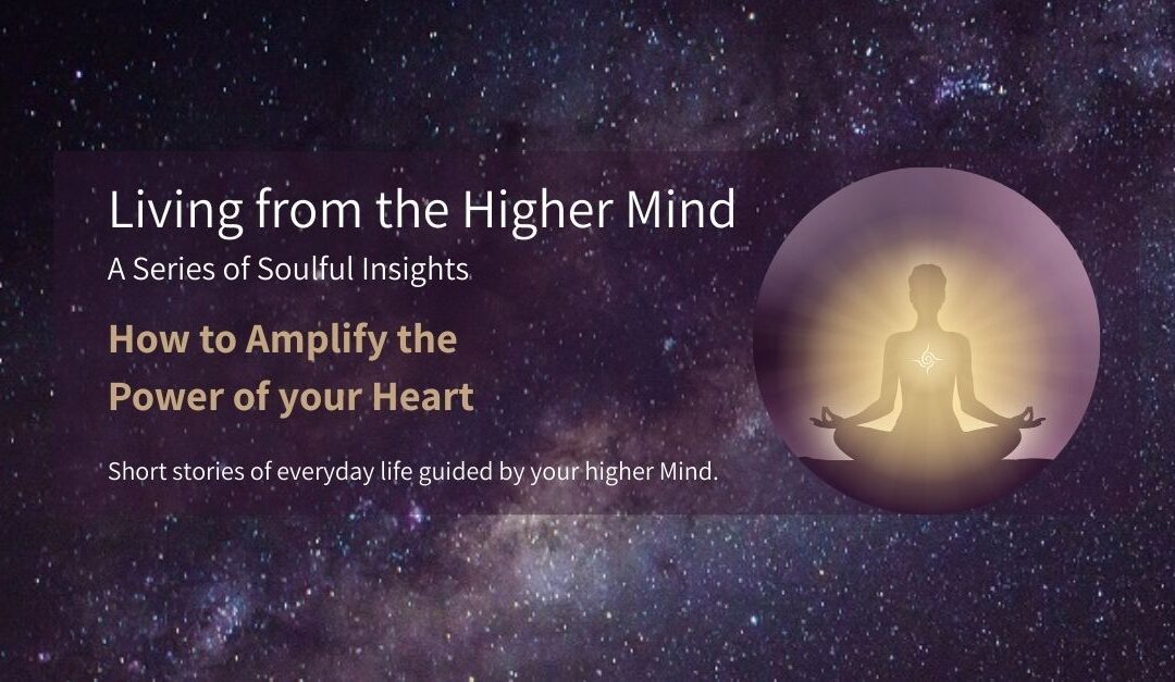 A cosmic background with a graphic of a meditating woman radiating light from her heart, symbolizing amplified heart energy and spiritual awakening.