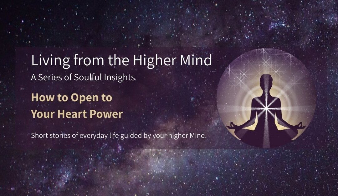 Illustration of a meditating woman with radiant light emerging from her heart, set against a cosmic universe background—symbolizing heart power and spiritual awakening.