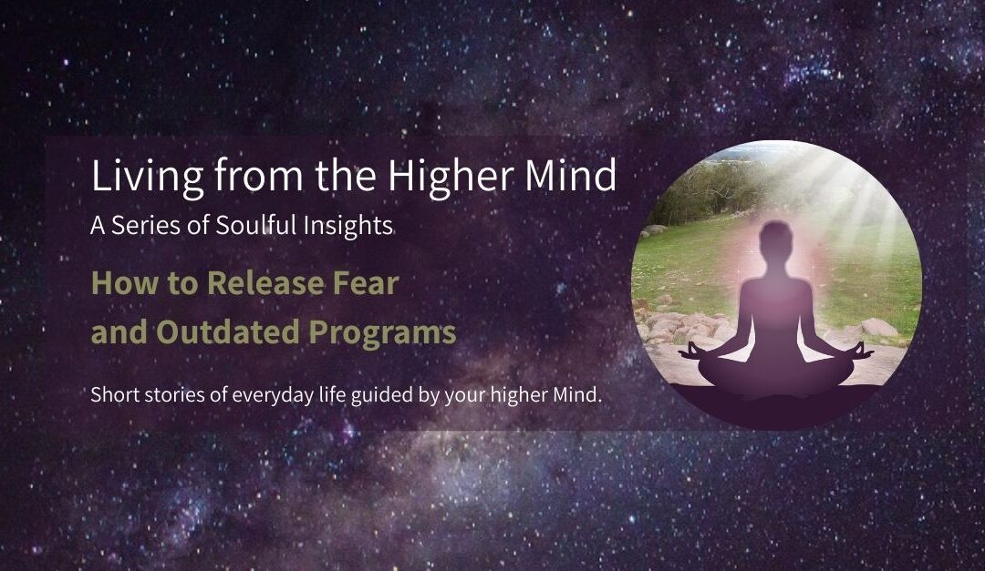 Meditating woman within a circular frame, set against a peaceful country landscape with a path ahead and a cosmic universe background, symbolizing the journey of releasing fear and outdated programs through Higher Mind awareness.