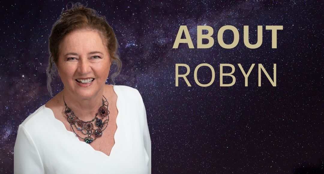 A portrait of Robyn E Gibson with a cosmic universe background and the words “ABOUT ROBYN” overlayed.