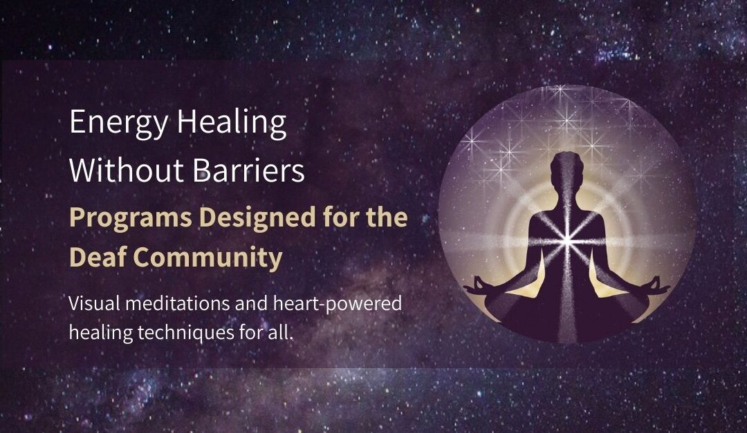 Empowered woman meditating with radiant heart energy, surrounded by the universe—symbolizing visual healing and spiritual connection for the deaf community.