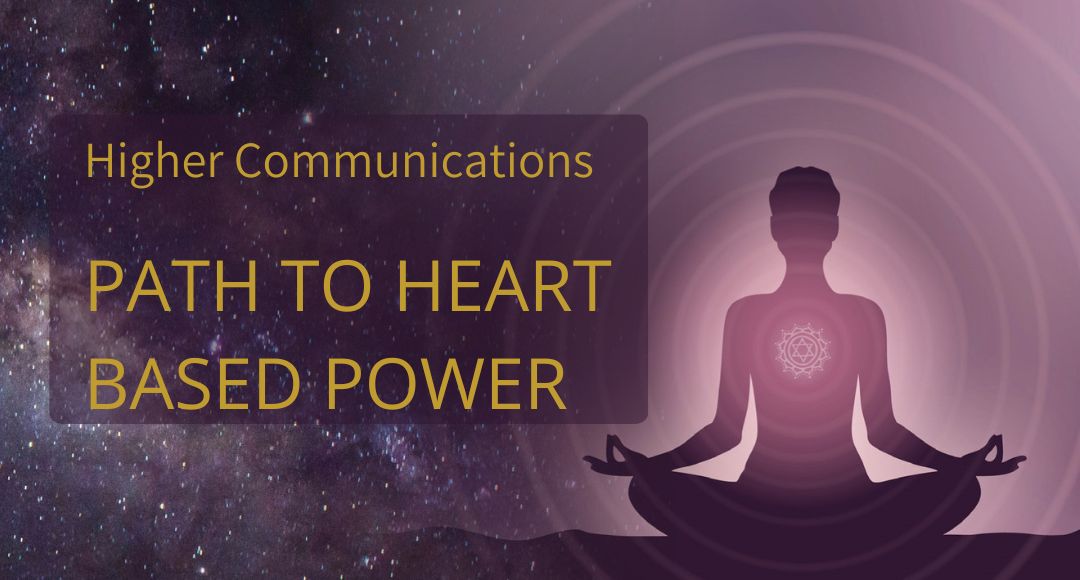 Meditating woman with a glowing heart symbol and ripples of energy radiating outward, set against a cosmic universe background. Represents Path to Heart Based Power.