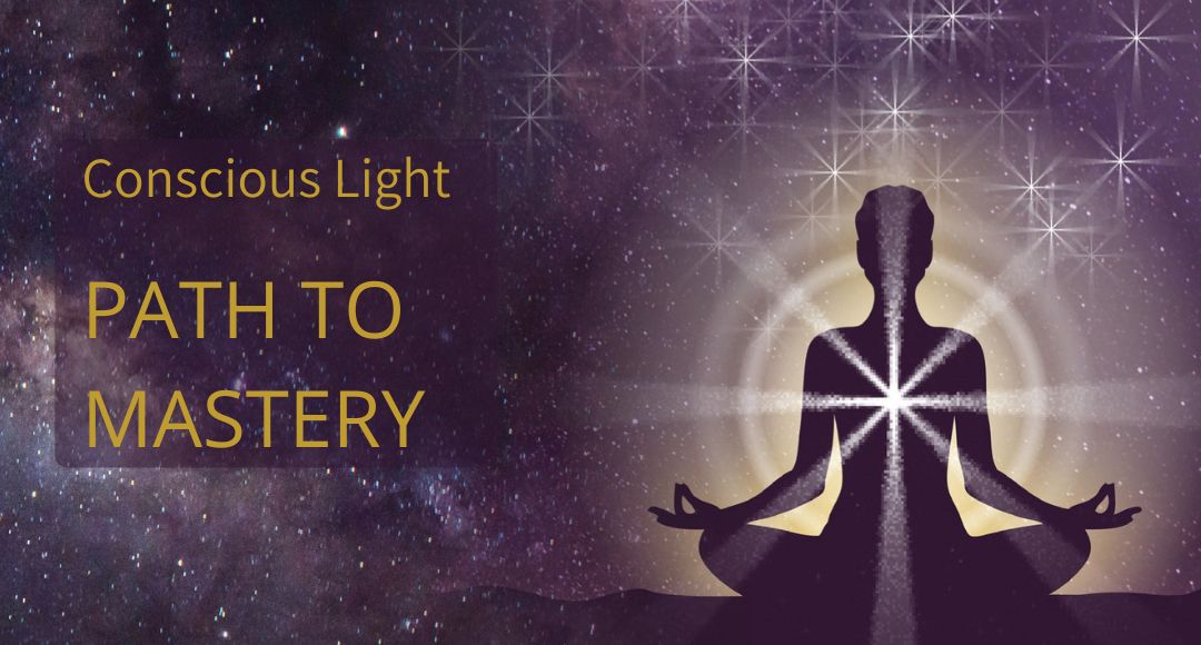 Meditating woman with amplified heart light and ripples of energy radiating outward, set against a cosmic universe background. Represents Path to Mastery.