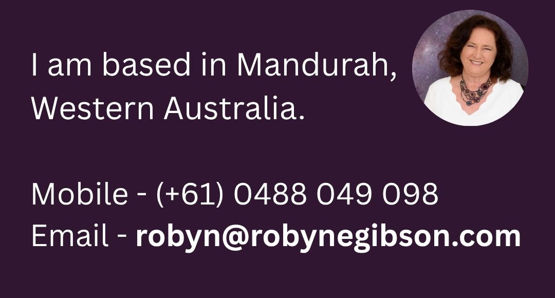 Connect with Robyn E Gibson – Heart-Based Healer & Conscious Light Master Teacher Robyn E Gibson with a cosmic universe background, contact details displayed beside her